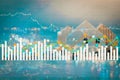 Double exposure of Financial stock market graph and rows of coins growth, Royalty Free Stock Photo