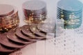 Double exposure gold coins money and graph economy investment Royalty Free Stock Photo