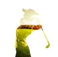 Double exposure of golf player