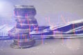 Double exposure of graph and rows of coins for finance and business concept. Finance and money exchange investment as concept Royalty Free Stock Photo