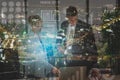 Double exposure-Group business people meeting and brainstorming analysis business and performance,investment statistics,working Royalty Free Stock Photo