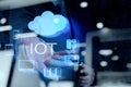 Double exposure of hand showing Internet of things (IoT) Royalty Free Stock Photo