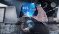 Double exposure of hand showing Internet of things (IoT) Royalty Free Stock Photo