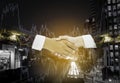 Double exposure handshake between businessman,successfully negotiated and achieved excellent commercial cooperation,background