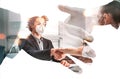 Double exposure of handshake of two business people in formal wear, recruitment process. Face protective mask. Office background.