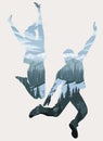 Double exposure, happy jumping people silhouettes Royalty Free Stock Photo