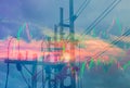 Double exposure-high voltage pole and colorful sky stock chart background,concept volatility of stock and energy businesses in