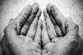 Double exposure hunger begging hands and dry soil Royalty Free Stock Photo