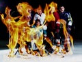 Double exposure of ice hockey players team meeting with trainer Royalty Free Stock Photo