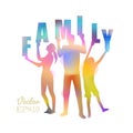 Double exposure illustration. Happy family  holding letters word FAMILY silhouette plus abstract water color painted.  Digital art Royalty Free Stock Photo