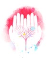 Double exposure illustration. Human hands holding tree symbol wi