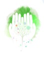 Double exposure illustration. Human hands holding tree symbol wi