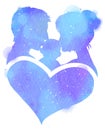 Double exposure illustration. Side view of Father and mother kissing their child baby with heart symbol silhouette plus abstract Royalty Free Stock Photo