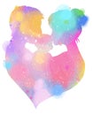 Double exposure illustration. Side view of Father and mother kissing their child baby with heart symbol silhouette plus abstract