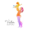 Double exposure illustration. Side view of Happy mom lifting her baby child up in air silhouette plus abstract water color painted Royalty Free Stock Photo