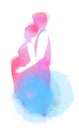 Double exposure illustration. Side view of young man hugging pregnant wife from back silhouette plus abstract water color painted