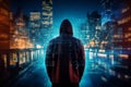 Double exposure image of anonymous hacker in a hoodie in the night in the city of data