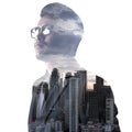 The double exposure image of the businessman seriously thinking during sunrise overlay with cityscape image. Royalty Free Stock Photo