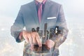 Double exposure image of businessman standing and touching his s Royalty Free Stock Photo