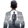 The double exposure image of the businessman thinking overlay with businessman walk up the stairs image. The concept of modern lif Royalty Free Stock Photo