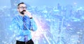 Double exposure image of businessman wearing glasses with a beard and mustache during overlay with construction site in the city