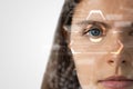The double exposure image of the businesswoman`s eye overlay with futuristic hologram. The concept of modern life, futuristic, tec