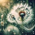 double exposure image of closeup white dandelion and a delicate dandelion seed head.
