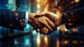 Double exposure image of investor business man handshake with partner with digital network link Royalty Free Stock Photo