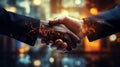 Double exposure image of investor business man handshake with partner with digital network link Royalty Free Stock Photo