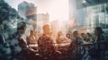 Double exposure image of many business people conference group meeting on city office building in background showing partnership Royalty Free Stock Photo