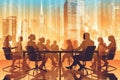 Double exposure image of many business people conference group meeting on city office building in background showing Royalty Free Stock Photo