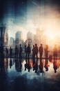 Double exposure image of many business people conference group meeting on city AI generated Royalty Free Stock Photo