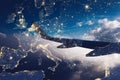 Double exposure image of the wing of an airplane in the sky and the map of Europe Royalty Free Stock Photo