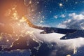 Double exposure image of the wing of an airplane in the sky and the map of Europe Royalty Free Stock Photo