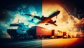 Double exposure of Industrial Container Cargo freight ship, truck, aircraft for Logistic Import Export concept Royalty Free Stock Photo