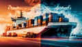 Double exposure of Industrial Container Cargo freight ship, truck, aircraft for Logistic Import Export concept Royalty Free Stock Photo