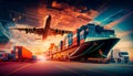 Double exposure of Industrial Container Cargo freight ship, truck, aircraft for Logistic Import Export concept Royalty Free Stock Photo