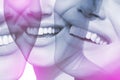 Double exposure of laughing people with great teeth and female face closeup. Healthy beautiful female smiles. Teeth health,
