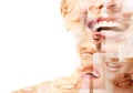 Double exposure of laughing people with great teeth and smiling blured faces. Healthy beautiful smiles. Teeth health, whitening,