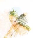 Double exposure of leaves in the beautiful young woman.