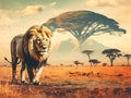 Double exposure of lion and Mount Kilimanjaro savanna