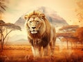 Ai Generated illustration Wildlife Concept of Double exposure of lion and Mount Kilimanjaro savanna landscape. Royalty Free Stock Photo