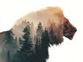 Double Exposure Lion Profile with Forest Landscape and Transparent Background Royalty Free Stock Photo
