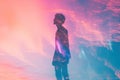 Double exposure of a man against a pink and blue sky - AI Generated