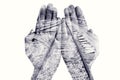 Double exposure of man hands and railway, in black and white Royalty Free Stock Photo