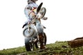 Double exposure with Man riding a motorcycle with racer jumps and takes off on springboard