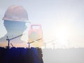 Double exposure man survey and civil engineer stand on ground working in a land building site over Blurred construction worker on Royalty Free Stock Photo