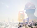 Double exposure man survey and civil engineer stand on ground working in a land building site over Blurred construction worker on Royalty Free Stock Photo