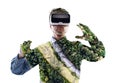 Double exposure. Man wearing virtual reality goggles. Forest. Tr Royalty Free Stock Photo