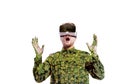 Double exposure. Man wearing virtual reality goggles. Forest. Trees. Royalty Free Stock Photo